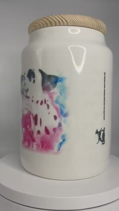 LiNBW. Leckerlidose aus Keramik  mit Holzdeckel Dalmatiner "Pfoten weg, meine Leckerlies"